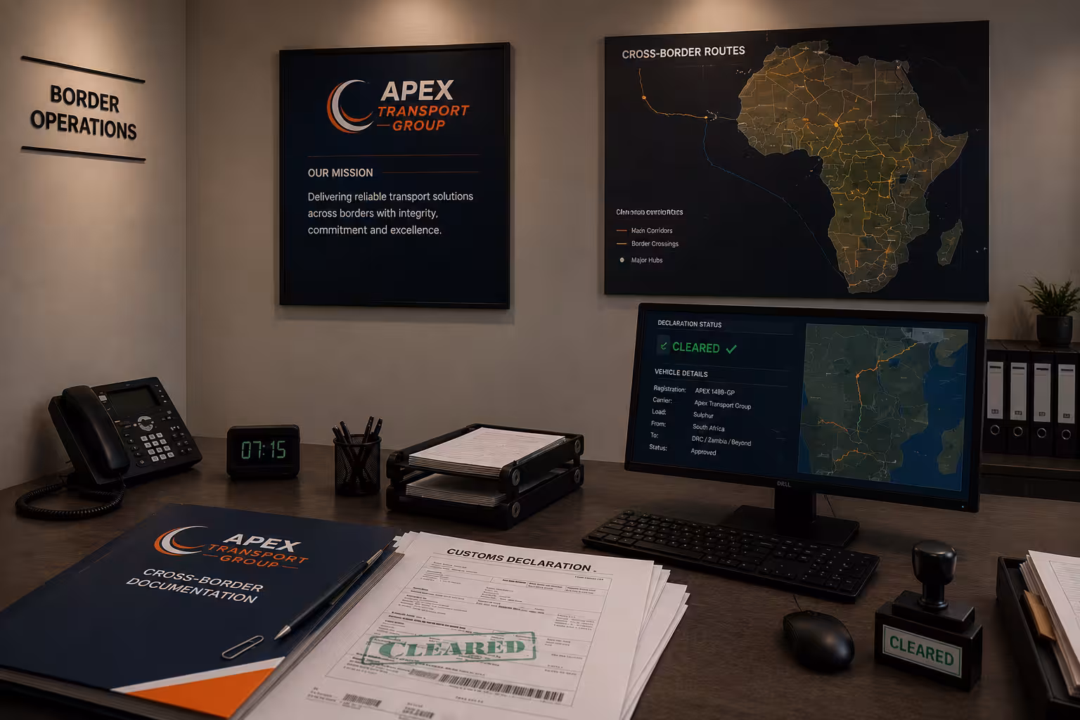 Apex customs agent reviewing documents at a border gate.